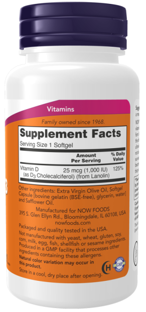 Vitamin D-3 1000 IU High Potency Vitamin 180 μαλακές κάψουλες - Now