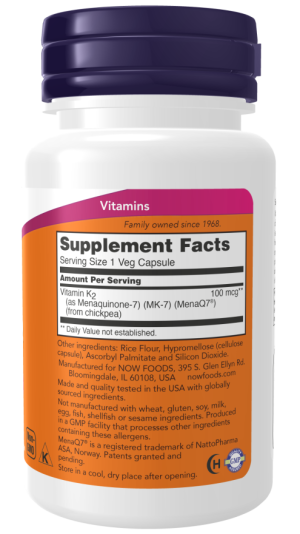 MK-7 Vitamin K-2, 100mcg - 60 vcaps NOW Foods