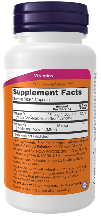 Vitamin D-3 & K-2 - 120vcaps NOW Foods